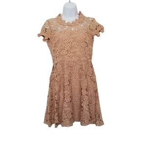 INA High Neck Lace Dress Size Medium Flutter Sleeve Lined Knee Length Zip.